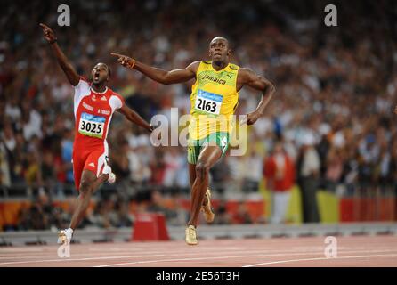 Jamaica's Usain Bolt performs in the Men's 100m Final of the XXIX Beijing Olympic Game sat the National Stadium in Beijing, China on August 16, 2008. Bolt wins the gold medal. Photo by Gouhier-Hahn-Nebinger/Cameleon/ABACAPRESS.COM Stock Photo