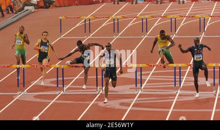 Winner is Angelo Taylor and the two other medals went to Bershawn jackson and Kerron Clement during the men's 400m hurdles final of the Beijing 2008 Olympic Games Day 10 at the National Stadium in Beijing, China on August 18, 2008. Mahiedine Mekhissi Benabbad won the silver medal. Photo by Willis Parker/Cameleon/ABCAPRESS.COM Stock Photo