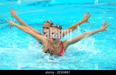 Apolline Dreyfuss and Lila Meessemann-Bakir of France compete in the Synchronised Swimming Duet Technical Routine event of the Beijing 2008 Olympic Games on Day 10 at the National Aquatics Center in Beijing, China on August 18, 2008. Photo by Gouhier-Hahn-Nebinger/Cameeon/ABACAPRESS.COM Stock Photo
