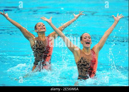 Apolline Dreyfuss and Lila Meessemann-Bakir of France compete in the Synchronised Swimming Duet Technical Routine event of the Beijing 2008 Olympic Games on Day 10 at the National Aquatics Center in Beijing, China on August 18, 2008. Photo by Gouhier-Hahn-Nebinger/Cameeon/ABACAPRESS.COM Stock Photo