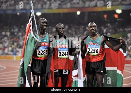 Richard Kipkemboi Mateelong of Kenya, Ezekiel Kemboi Yano of Kenya and Brimin Kipruto of Kenya celebrate after finishing the Men's 3000m Steeplechase Final of the Beijing 2008 Olympic Games Day 10 at the National Stadium in Beijing, China on August 18, 2008. Mahiedine Mekhissi Benabbad won the silver medal. Photo by Gouhier-Hahn-Nebinger/Cameleon/ABCAPRESS.COM Stock Photo