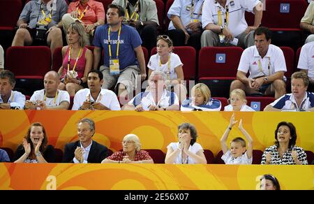 Former prime minister Tony Blair with wife Cherie Daughter Kathryn (L), Wife's mother Gail Booth and his son Leo support UK Cyclist team during the Beijing Olympic Games 2008, China on August 19, 2008. Photo by Gouhier-Hahn-Nebinger/ABACAPRESS.COM Stock Photo