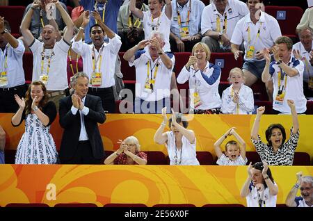 Former prime minister Tony Blair with wife Cherie Daughter Kathryn (L), Wife's mother Gail Booth and his son Leo support UK Cyclist team during the Beijing Olympic Games 2008, China on August 19, 2008. Photo by Gouhier-Hahn-Nebinger/ABACAPRESS.COM Stock Photo