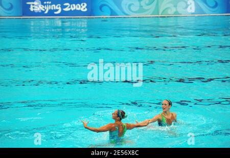 Apolline Dreyfuss and Lila Meessemann-Bakir of France compete in the Synchronised Swimming Duet Free Routine event of the Beijing 2008 Olympic Games on Day 12 at the National Aquatics Center in Beijing, China on August 20, 2008. Photo by Gouhier-Hahn-Nebinger/Cameeon/ABACAPRESS.COM Stock Photo