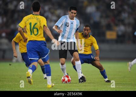 Argentina's Juan Roman Riquelme during the football semi-final match held at the Worker's Stadium for the 2008 Beijing Olympics, August 19, 2008. Argentina defeats Brazil 3-0. Photo by Gouhier-Hahn-Nebinger/Cameleon/ABACAPRESS.COM Stock Photo