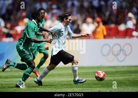 Argentina's Lionel Messi in action during the Men's Gold Medal football  match between Nigeria and Argentina of Beijing 2008 Olympic Games on Day 15  at the National Stadium in Beijing, China on