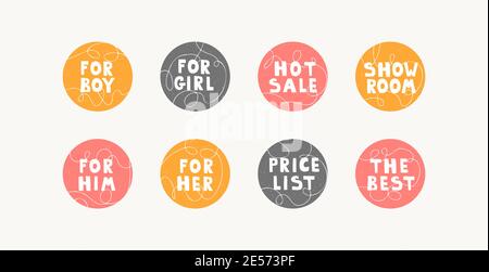 Set of highlight background covers for social media. Round templates with lettering. Icons with text for bloggers, clothing store and commercial Stock Vector