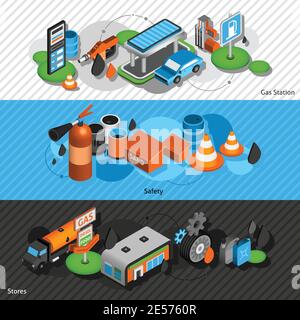 Gasoline diesel fuel station isometric banners set with convenience shop and safety equipment abstract isolated vector illustration Stock Vector