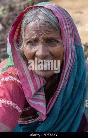 Abbigeri, Karnataka, India - November 6, 2013: Facial closeup of older female peanut harvester in purple, pink sari and garb. Stock Photo