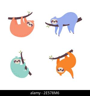 Set of cute hand drawn sloths hanging on the tree. Stock Vector