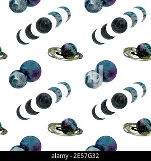 Watercolor handdrawn seamless pattern with pluton, moon phases and neptune background. Astrology background. Planets and space, moon phases Stock Photo