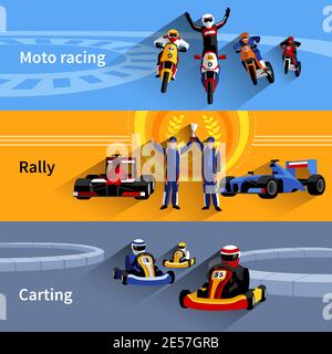 Racer horizontal banners set with moto racing rally and carting symbols flat isolated vector illustration Stock Vector