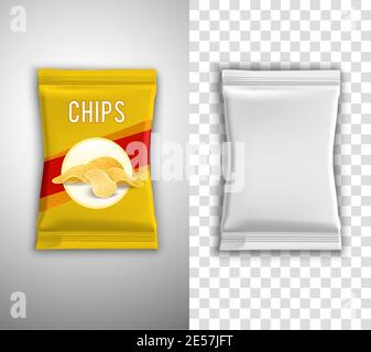 Chips realistic packaging design with blank white template and example isolated vector illustration Stock Vector