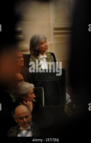 Japanese conductor Seiji Ozawa during a ceremony at the Institut de France (French institute) in Paris, France on September 24, 2008. Ozawa took up his seat at France's prestigious academy of fine arts today. The 73-year-old Ozawa was elected in 2001 to be one of the 16 associate foreign members, joining the likes of US filmmaker Woody Allen or the architect Norman Foster. Photo by Thierry Orban/ABACAPRESS.COM Stock Photo