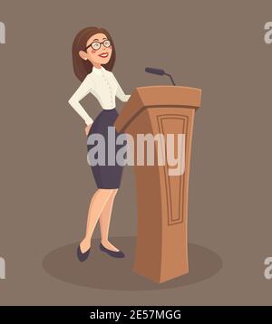 Speaker woman with stand and microphone on brown background cartoon vector illustration Stock Vector