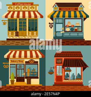 Shops facades set with sweets bakery and coffee house fronts isolated vector illustration Stock Vector