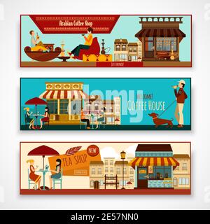 Shops and cafe facades horizontal banner set isolated vector illustration Stock Vector
