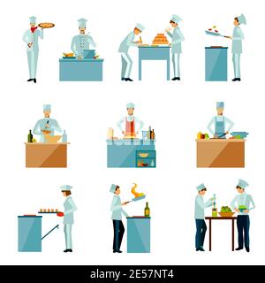 Resataurant chef and people cooking food flat icons set isolated vector illustration Stock Vector