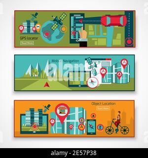 GPS navigation horizontal banner set with mobile object location elements isolated vector illustration Stock Vector