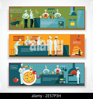 Cooking horizontal banner set with people making pizza and baking isolated vector illustration Stock Vector
