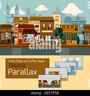 Shops tileable parallax with buildings on different layers vector illustration Stock Vector