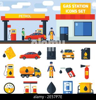 Gas petroleum diesel fuel service station banner and icons set composition poster flat abstract isolated vector illustration Stock Vector