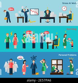 Personal and work related stress and depression mental problems flat horizontal banners set abstract isolated vector illustration Stock Vector