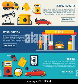 Gasoline petrol fuel and motor oil station flat banners set with service facilities abstract isolated vector illustration. Editable EPS and Render in Stock Vector