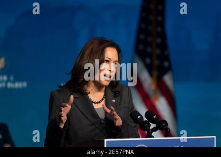 Wilmington, Delaware, USA. 19th Dec, 2020. US Vice President-elect Kamala Harris speaks during an event to announce new cabinet nominations at the Queen Theatre on December 19, 2020 in Wilmington, Delaware. Credit: Alex Edelman/ZUMA Wire/Alamy Live News