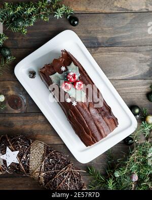 Yule log cake, Christmas buche de Noel Stock Photo