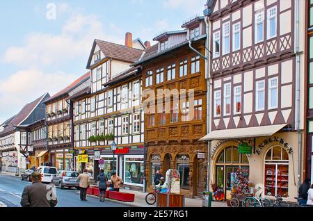 WERNIGERODE, GERMANY - NOVEMBER 23, 2012: Explore Wernigerode old town and ornate half-timbered houses of Breite Strasse, on November 23 in Wernigerod Stock Photo