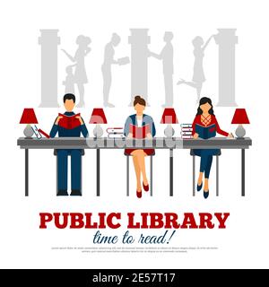 Drawn in flat style poster of scene in  reading hall of public library with title vector illustration Stock Vector