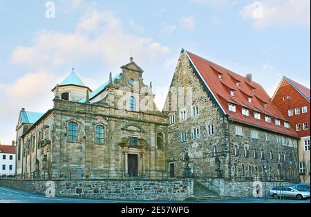 The monumental medieval building of the Kreuzkirche (Holy Cross Church), located in Kreuzstrasse of the Old Town of Hildesheim, Germany Stock Photo