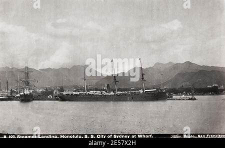 19th century vintage photograph: Steamer Landing, steam ship in port, dock, Honolulu, SS City of Sydney. Taber studio. Stock Photo
