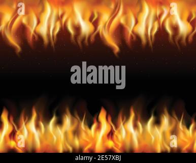 Fire tileable realistic borders set on black background isolated vector illustration Stock Vector