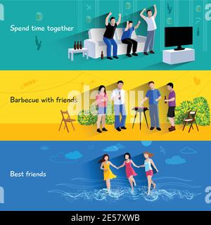 Spending free time together barbecuing with best friends 3 flat horizontal banners set abstract isolated vector illustration Stock Vector