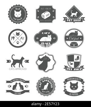 Pets place healthy food black symbols labels collection for premium quality products poster abstract isolated vector illustration Stock Vector