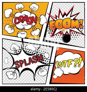 Comic cartoons book page with boom and explosion signs set vector illustration Stock Vector