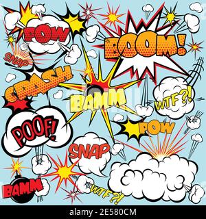 Comic speech bubbles set with bombs and explosions signs vector illustration Stock Vector