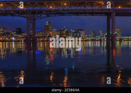 Portland Skyline at night, West Side of Williamette Stock Photo