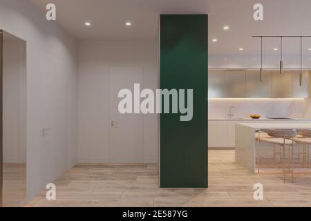 Realistic 3D computer visualization of the interior of the kitchen and hall in a modern style Stock Photo