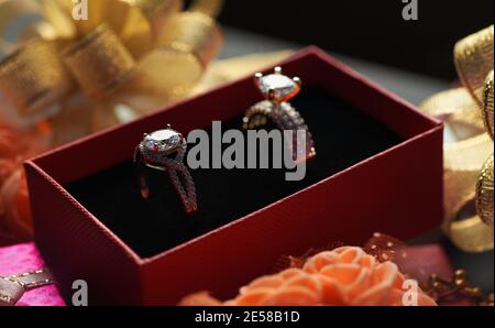 The anniversary diamond rings in the red box Stock Photo