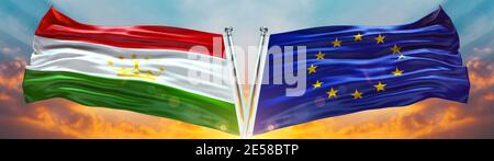 European Union Flag and Tajikistan flag waving with texture sky Cloud and sunset Double flag Stock Photo