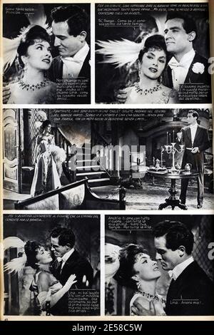 1955 , ITALY : Italian fotoromanzo ' Star '  completely dedicated to movie LA DONNA PIU' BELLA DEL MONDO ( LINA CAVALIERI ) by Robert Z. Leonard ,  with GINA LOLLOBRIGIDA and Vittorio GASSMAN  - CINEMA - FILM - copertina  - portrait - ritratto - scollatura - decolleté - neckopening - neckline - aigrettes - piuma - piume - bijoux - love scene - kiss -  bacio - amanti - lovers - scena d' amore - fumetto - fumetti - abbraccio - embrace  ----  Archivio GBB Stock Photo