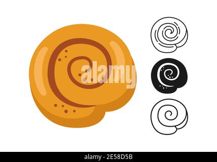 Cinnamon roll icon, bread line and black glyph, cartoon sign set. Hand drawn sketch fresh sweet round bun bakery. Shop flat food design. Packaging label, vector food app, website Stock Vector