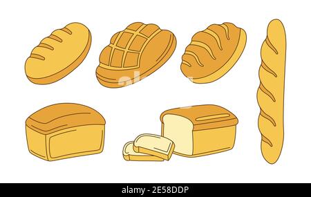 Bakery doodle cartoon icon set. Bread rye, whole grain and wheat loaf bread and french baguette, sketch ciabatta. Baked goods, design menu bakery pastry symbol. Stylish modern vector illustration Stock Vector