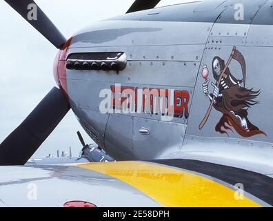 Nose art on WWII P-51Mustangs that personalize the airplanes or honor WWII pilots and airplanes. Stock Photo
