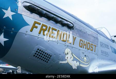 Nose art on WWII P-51Mustangs that personalize the airplanes or honor WWII pilots and airplanes. Stock Photo