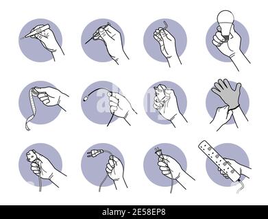 Hand holding electrical tools and equipment. Vector illustrations of hand holding test pen, screwdriver, Allen Key, lightbulb, measurement tape, cable Stock Vector