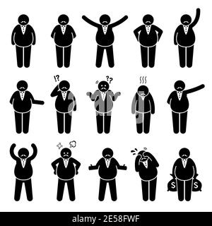 Fat boss or wealthy employer poses and actions stick figures character icon set. Vector illustrations of a fat rich man with different emotions and re Stock Vector